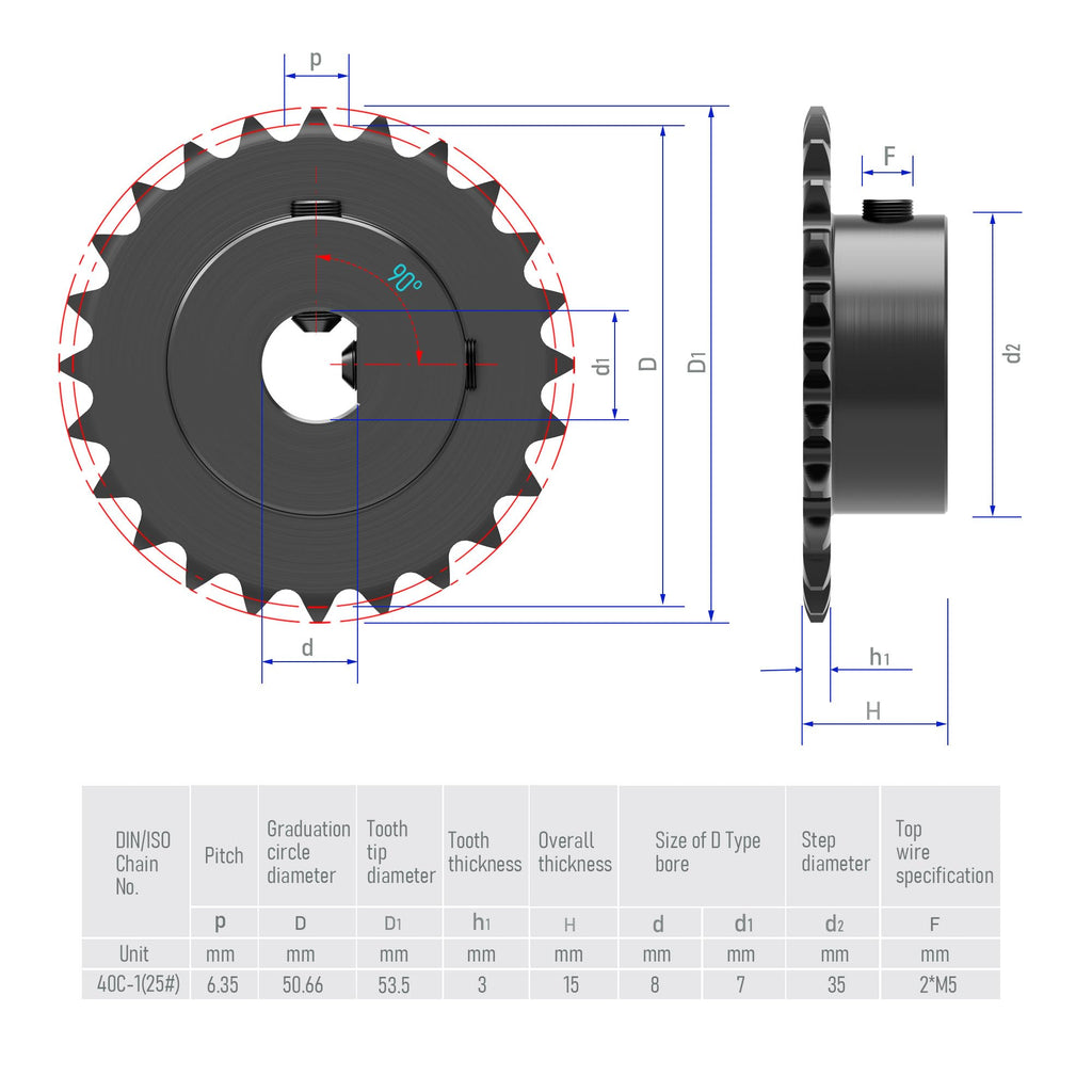 FOCMKEAS 25 Tooth Roller Chain Sprocket, 25 Chain, 8x7mm D Bore