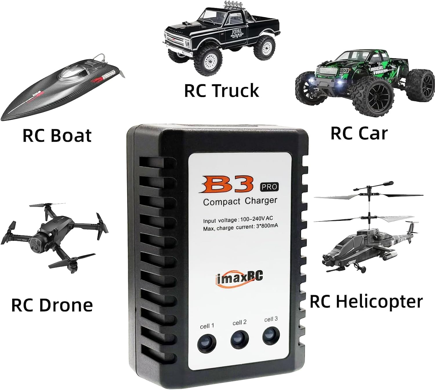 B3 Lipo Battery Charger 2S-3S RC Balance Charger with XH3P XH4P Plug for RC Car Batteries Drone Boat Airplane Truck