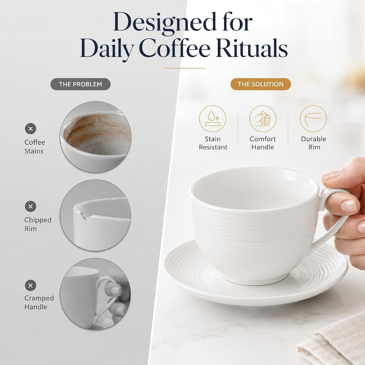 Porcelain Cappuccino Cups with Saucers, 4-Piece Coffee Cup Set