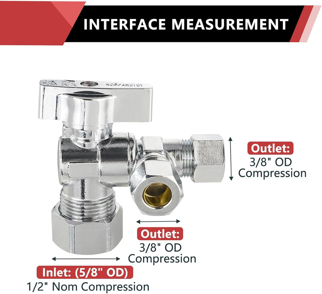 2PC EFIELD Dual Compression Outlet Angle Stop Valve,1/2"NOM (5/8"OD) Inlet | Quarter Turn, 1/2" NOM (5/8" OD) x (3/8