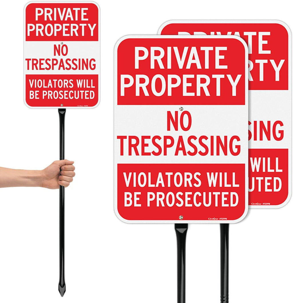 Large No Trespassing Signs Private Property Sign with 36" Heavy Duty Metal Stakes, 14"x10" .040 Aluminum Reflective