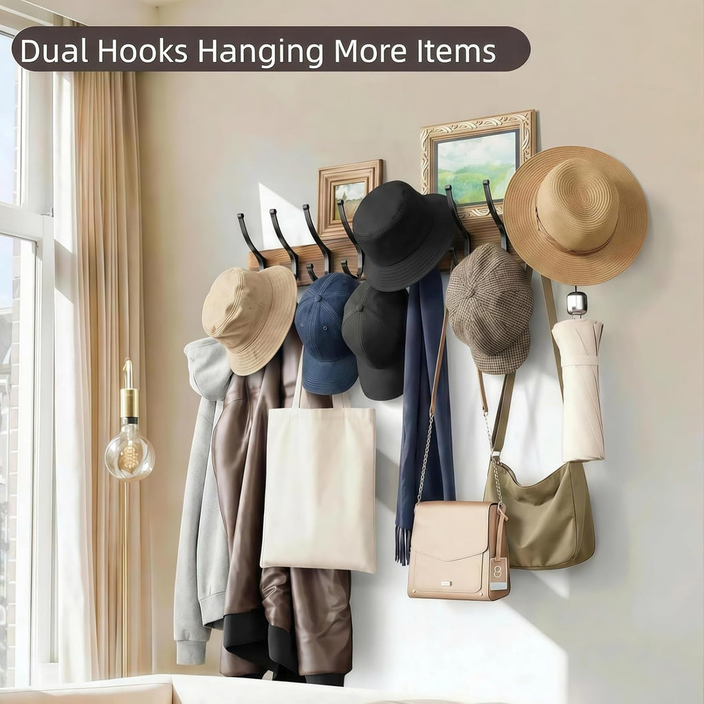 2 Pack Wooden Coat Rack Wall Mount, 16.1" Rustic Coat Hanger Hooks with 10 Double Hooks, Wall Coat Rack for Hat