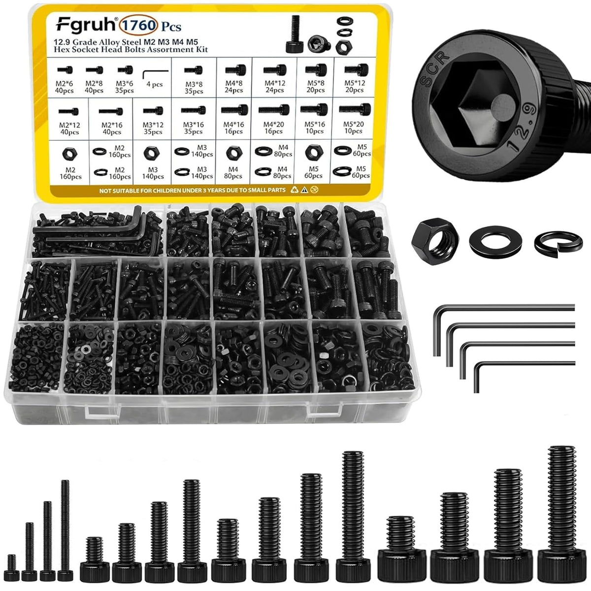 1760PCS M2 M3 M4 M5 Metric Hex Socket Head Screws Assortment Kit