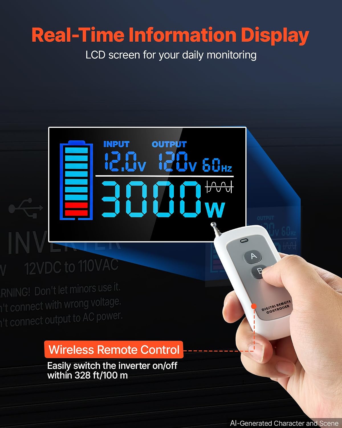 Pure Sine Wave Inverter 3000 Watts 12V DC to 120V AC Power Inverter | with 3 AC, 2 USB, Type-C, LCD Screen and Remote