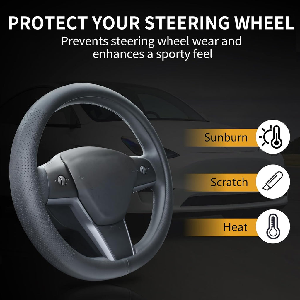 Nappa Leather Steering Wheel Cover Compatible with Tesla Model 3/Y 2016-2025 2026 Juniper/Highland, Non-Slip