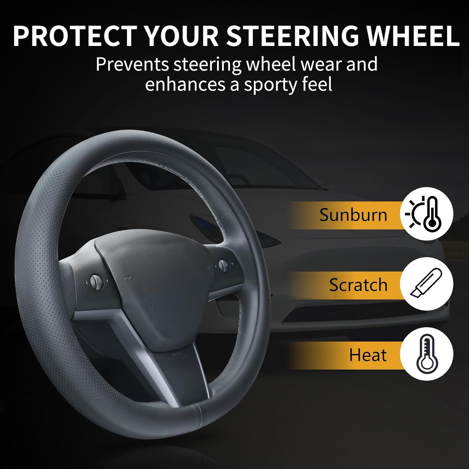 Nappa Leather Steering Wheel Cover Compatible with Tesla Model 3/Y 2016-2025 2026 Juniper/Highland, Non-Slip