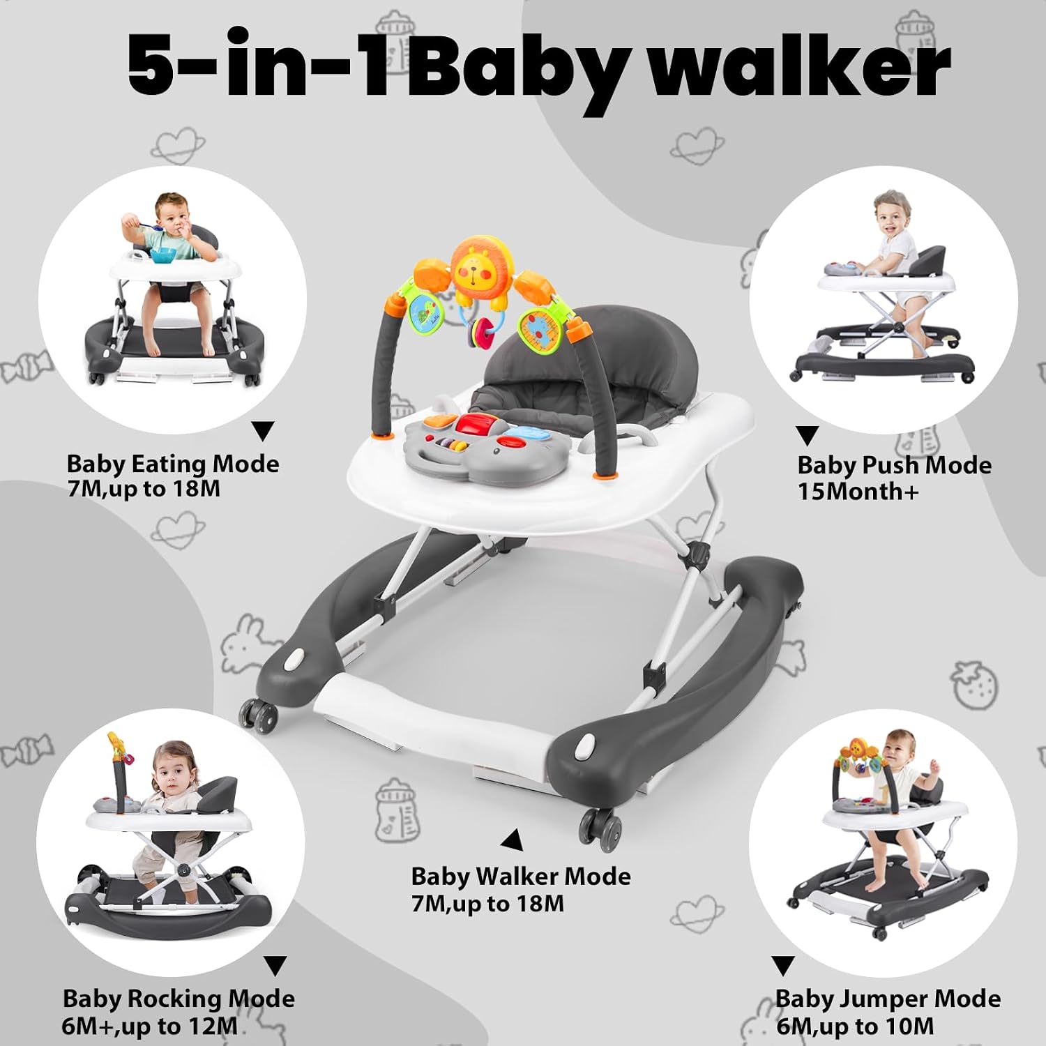 Baby Walker, 5-in-1 Baby Walkers for Boys and Girls 6-12 Months with Bouncer, Removable Footrest, Feeding Tray &