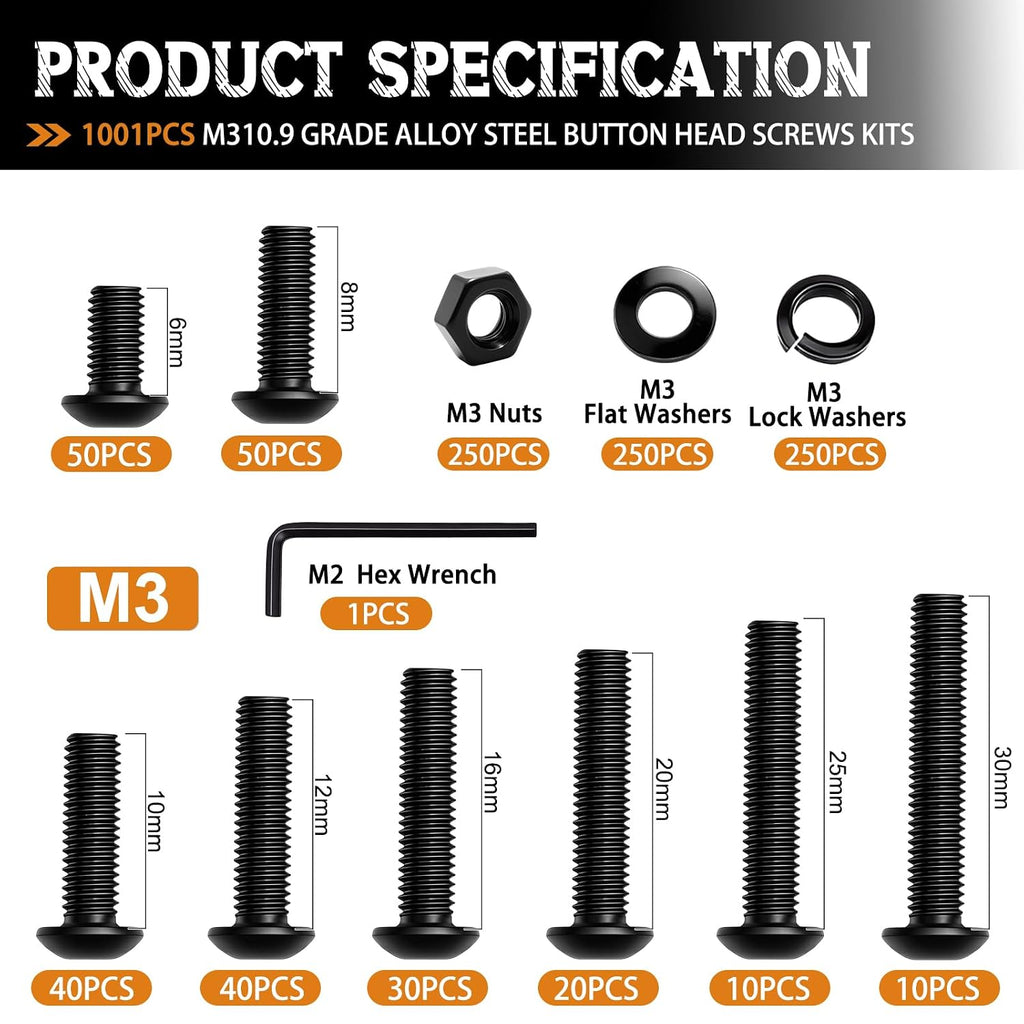mankk 1001PCS M3 Screws,Hex Socket Button Head Bolt Assortment Kit