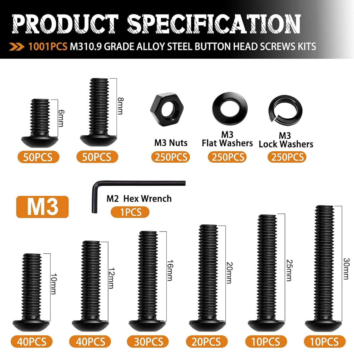 mankk 1001PCS M3 Screws,Hex Socket Button Head Bolt Assortment Kit
