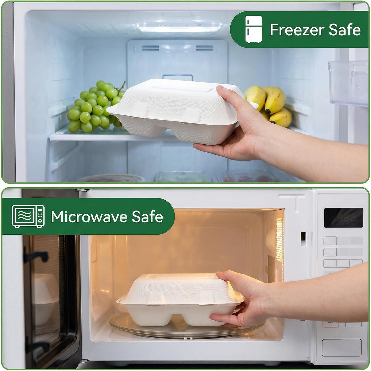 90 Pack 2-Compartment Clamshell Take Out Containers, 9" x 6" Compostable Hinged Food Containers Disposable Bagasse To