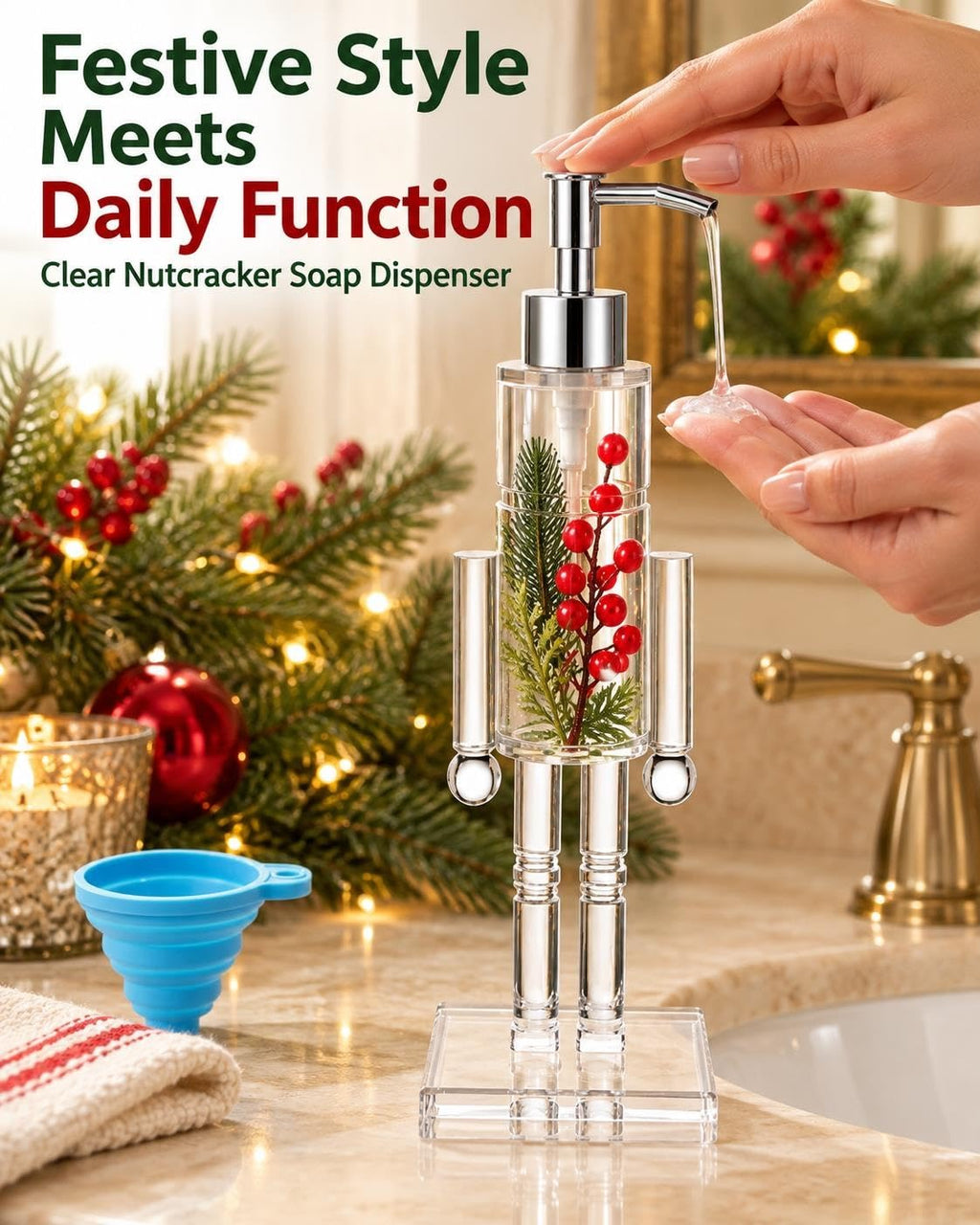 Nutcracker Soap Dispenser Clear Christmas Pump Bottle with Funnel Berries
