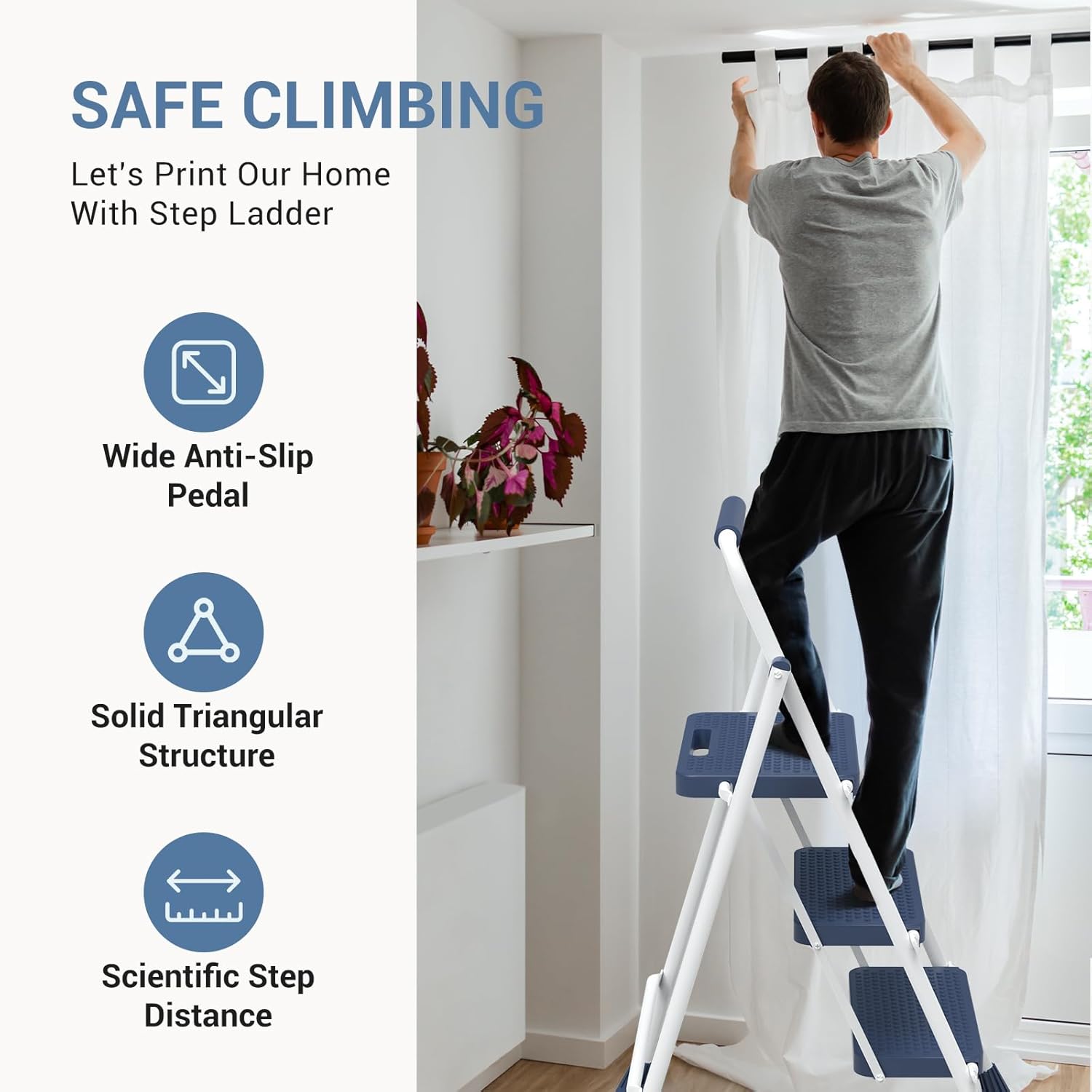 Step Ladder, 3 Sturdy Step Stool with Anti-Slip Pedal & Comfortable Handrail, Portable Heavy Duty Stool for Kitchen