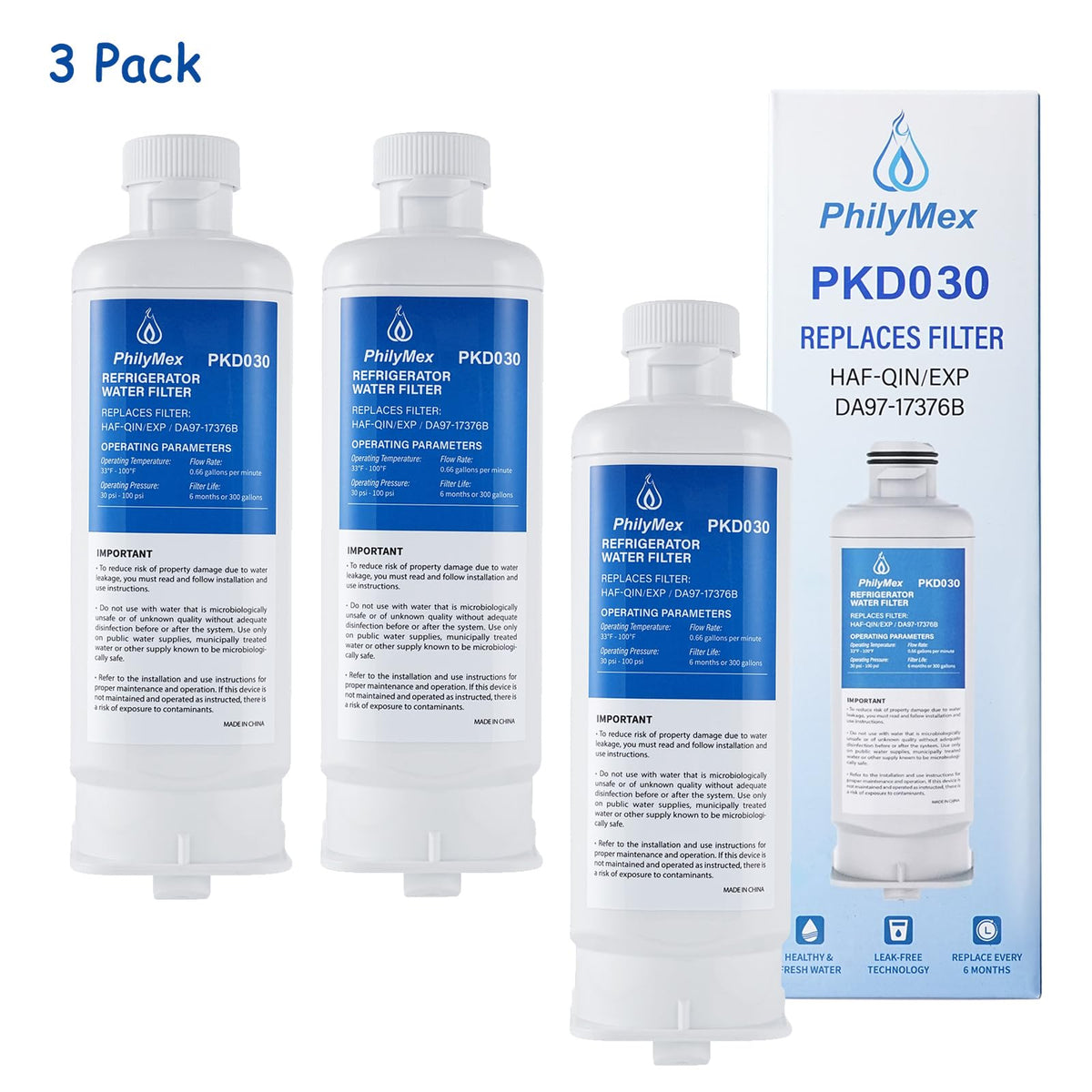 (3 Pack) DA97-17376B Water Filter for Sam&sung RF23R6201SR(/AA), RF27T5241SR(/AA), RF27T5501SR(/AA)