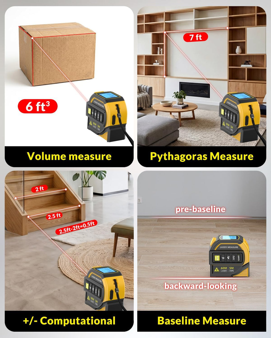 Laser Tape Measure 4-in-1, 197FT Laser Distance Meter with 16FT Auto-Lock Tape, Cross-Line Laser Level, Dual-Axis
