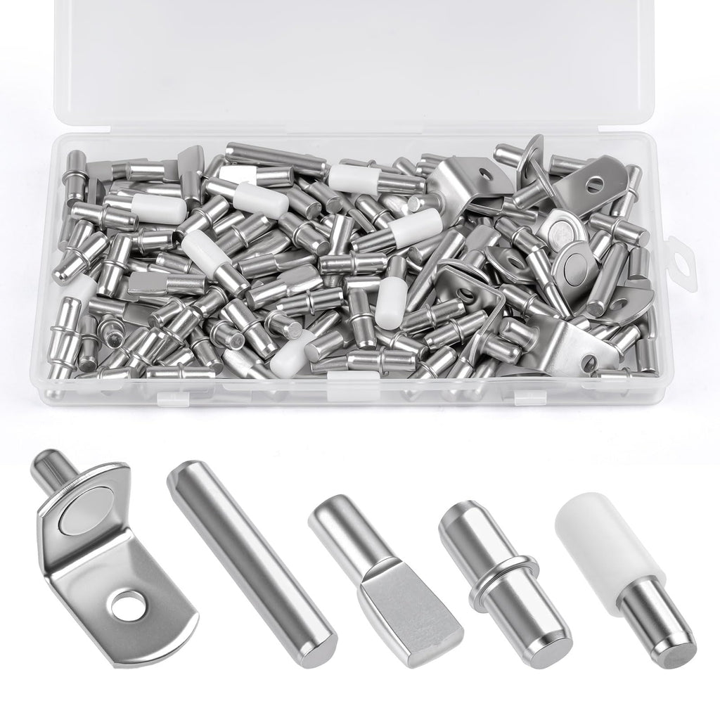 124 Pcs Shelf Pegs Kit, 5 Styles Nickel Shelf pins, Shelf Support Pegs