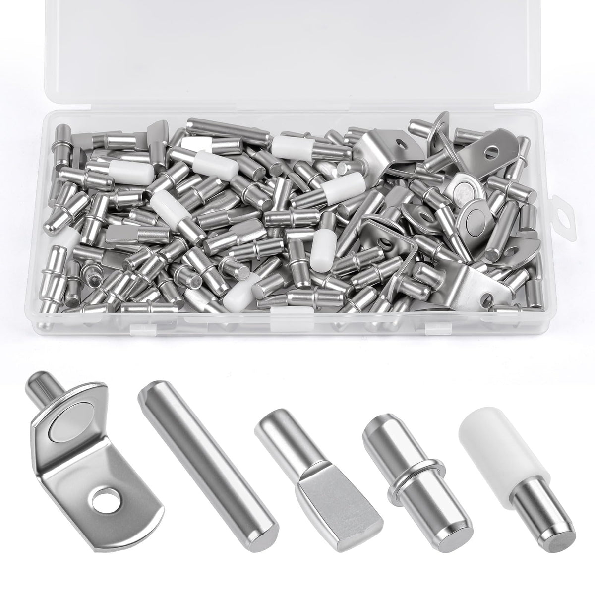 124 Pcs Shelf Pegs Kit, 5 Styles Nickel Shelf pins, Shelf Support Pegs
