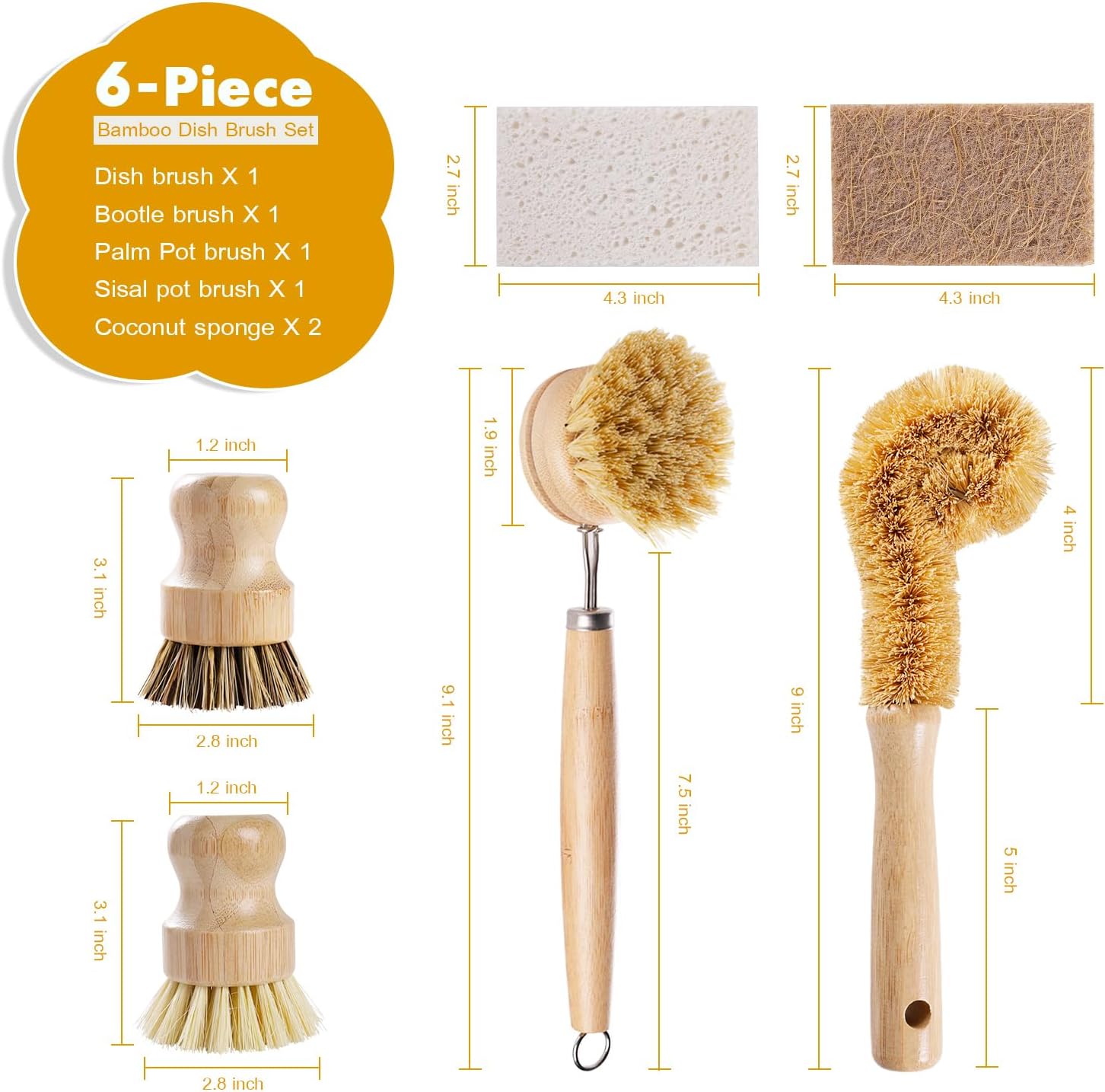 6 Piece Bamboo Dish Brush Set with Coconut Sponge - Wooden Dish Brush with Sisal and Palm Fiber, Natural Bamboo Dish
