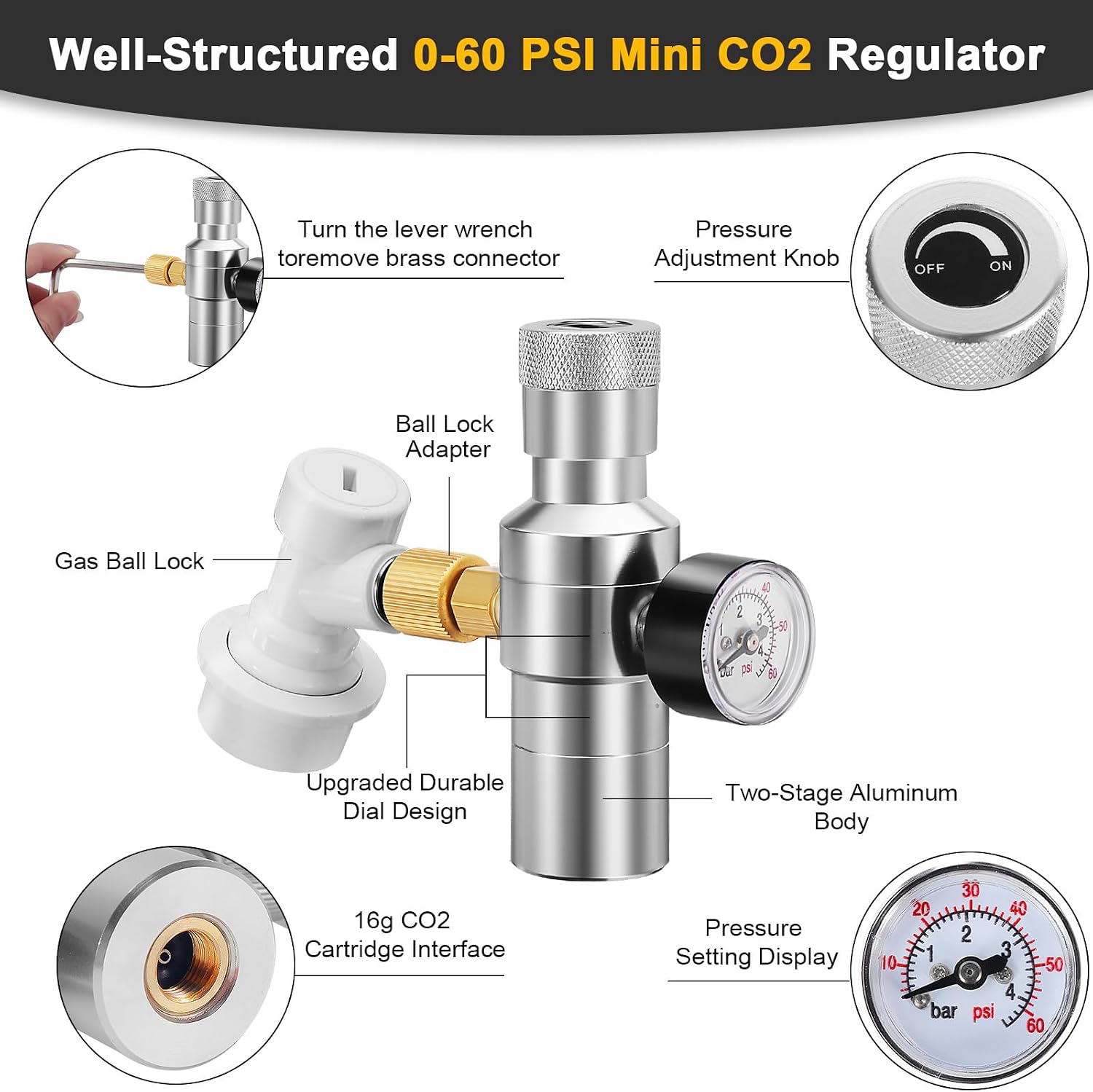Ball Lock Keg Tap Faucet & Dual Hold Stable 0-60PSI CO2 Regulator | Stainless Steel Core Self-Closing Beer Faucet