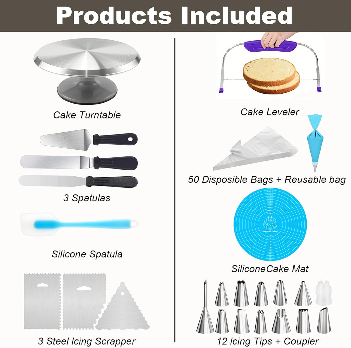 Cake Decorating Supplies Kit with 12" Aluminum Rotating Cake Turntable Stand, Professional Baking Tools, Cake