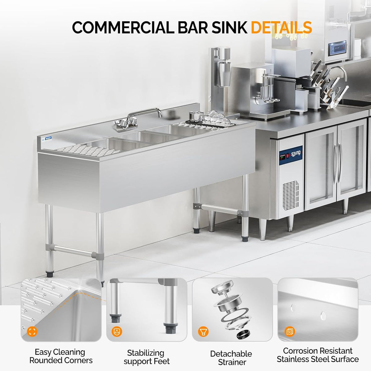 NSF 3 Compartments Bar Sink, Commercial Stainless Steel Underbar Sink with Double Drainboard, Freestaning Large for
