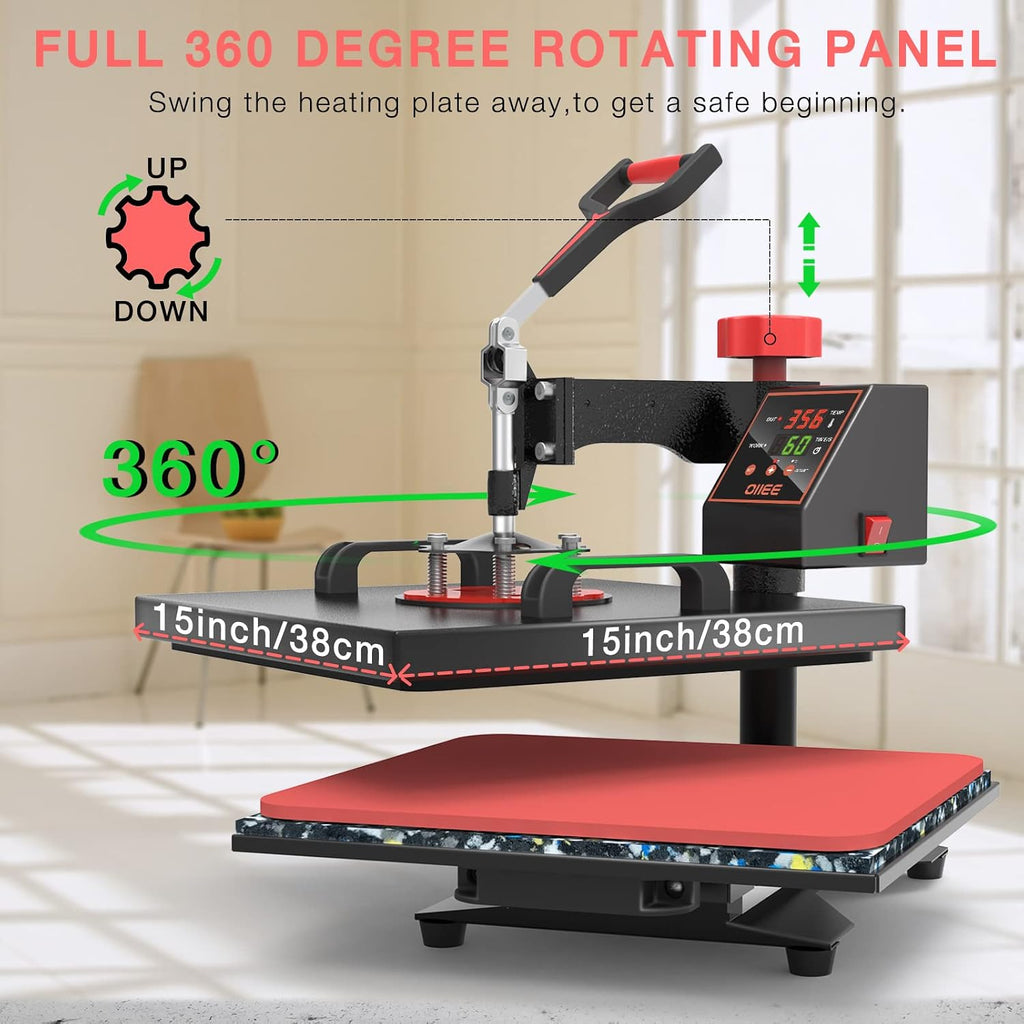 Heat Press Machine 5 in 1 Combo Heat Press 15 x 15 Inch Heat Transfer Machine 360-Degree Swing Away Digital Shirt