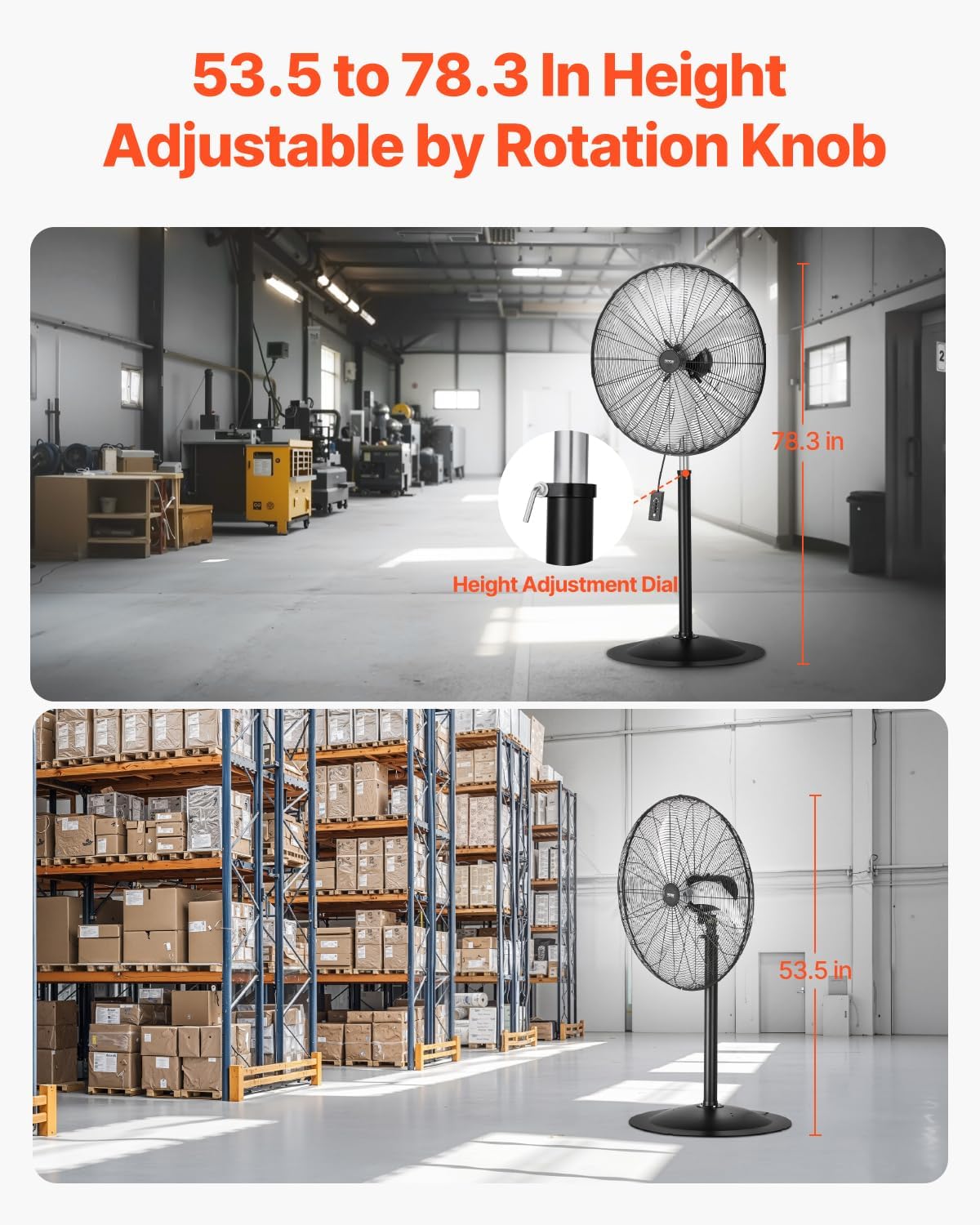 Industrial Pedestal Fan, 30 Inch 85-Degree Oscillating Fan, Height Adjustable Standing Fans with 3 Adjustable Speeds