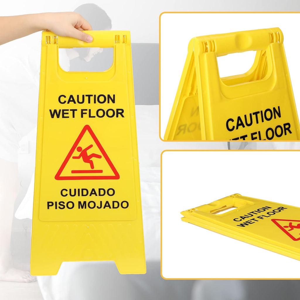 12 Pack Caution Wet Floor Sign - 23.62" Wet Floor Double-Sided Cuidado Piso Mojado Foldable Bilingual Alert Sign for
