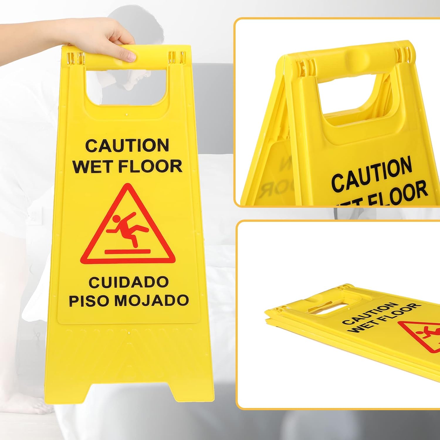 12 Pack Caution Wet Floor Sign - 23.62" Wet Floor Double-Sided Cuidado Piso Mojado Foldable Bilingual Alert Sign for