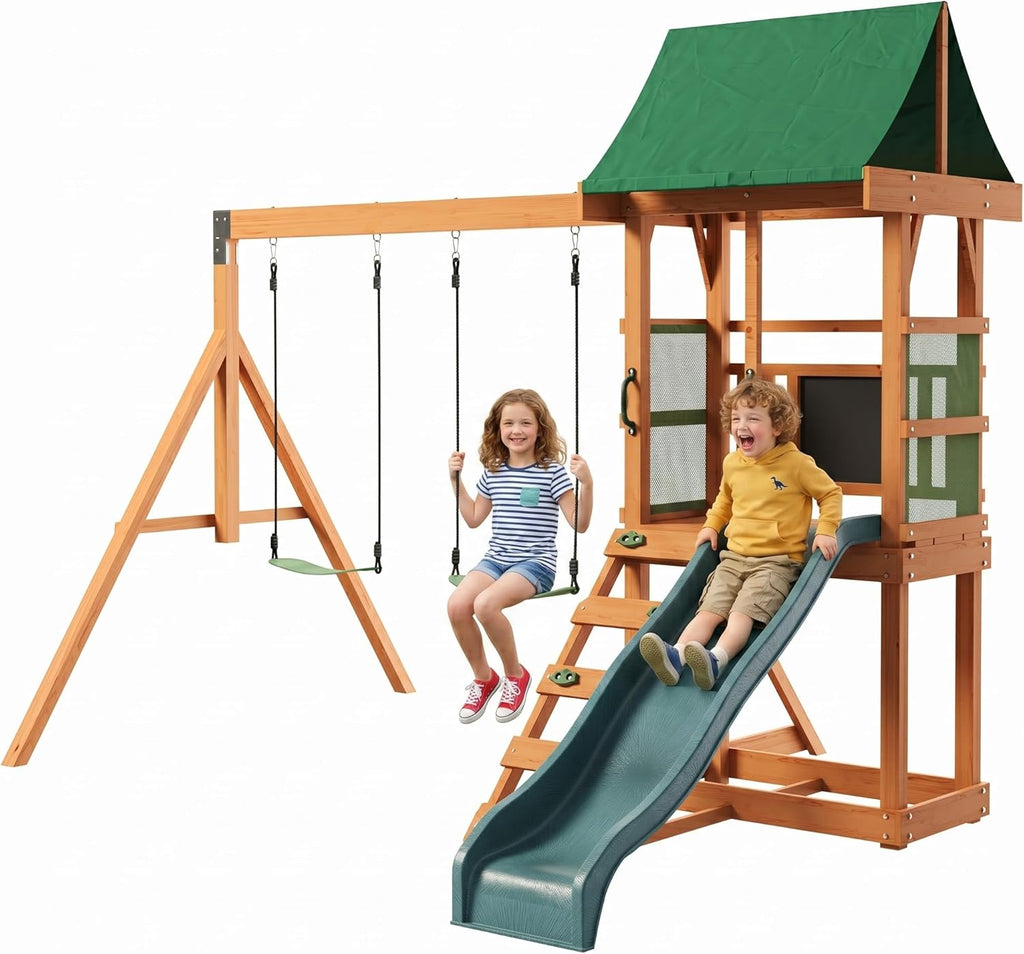 Wooden Swing Sets for Backyard, Outdoor Playset Sets for Backyards, Playground Sets with 6 FT Wave Slide, Play Deck