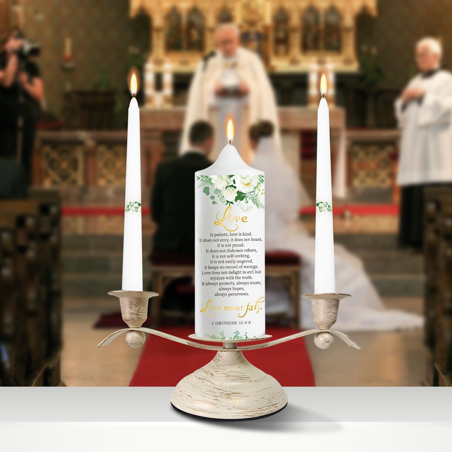 Unity Wedding Candles Ceremony Set with Holder, Stable Rustic Unity Candle Stand, Christian Unity Wedding Candle Set