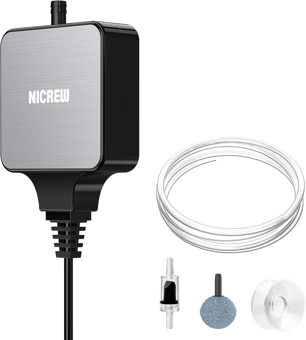 Nano Silent Aquarium Air Pump Black, Aquarium Aerator with Accessories for Up to 10 Gallon Fish Tank, Super Quiet