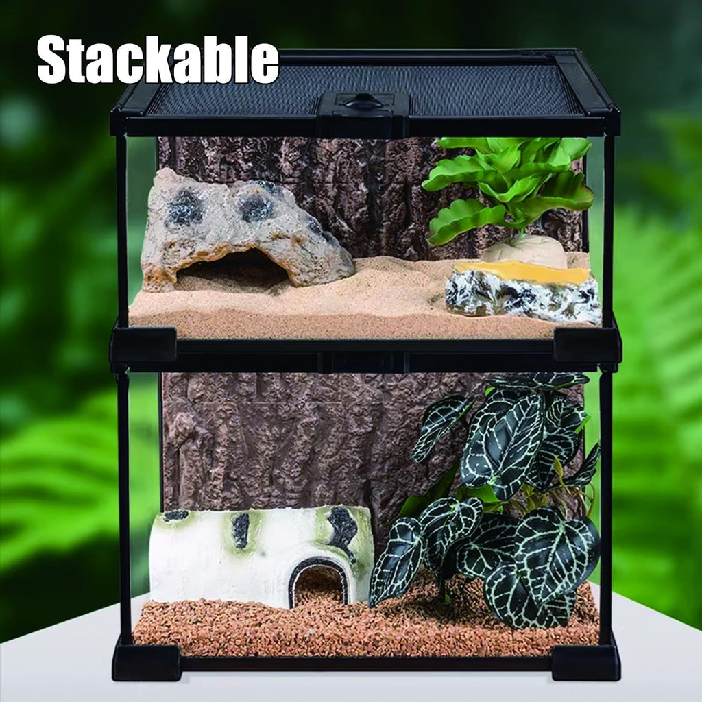 Reptile Terrarium Tank, Glass Reptile Vivarium, Sliding Mesh Cover, for Lizards, Horned Frogs, Snakes, Spiders