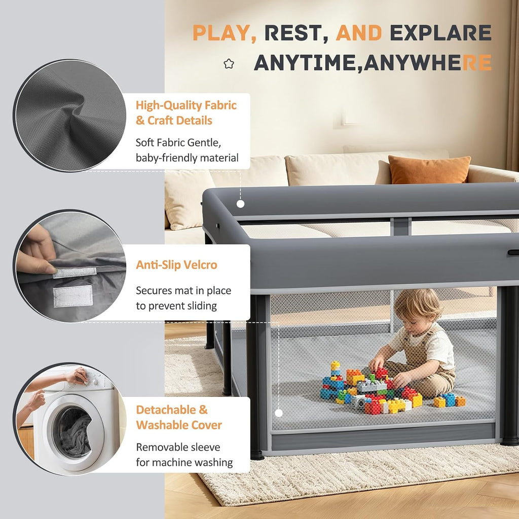 Foldable Baby Playpen with Mat, 50"×50" Collapsible Play Pen for Babies and Toddlers, Indoor & Outdoor Kids Safety
