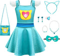 Girls Superhero Dress with Mesh Sleeves,Cat Eyes Mask and Cute Necklace for Halloween Birthday Party Outfits