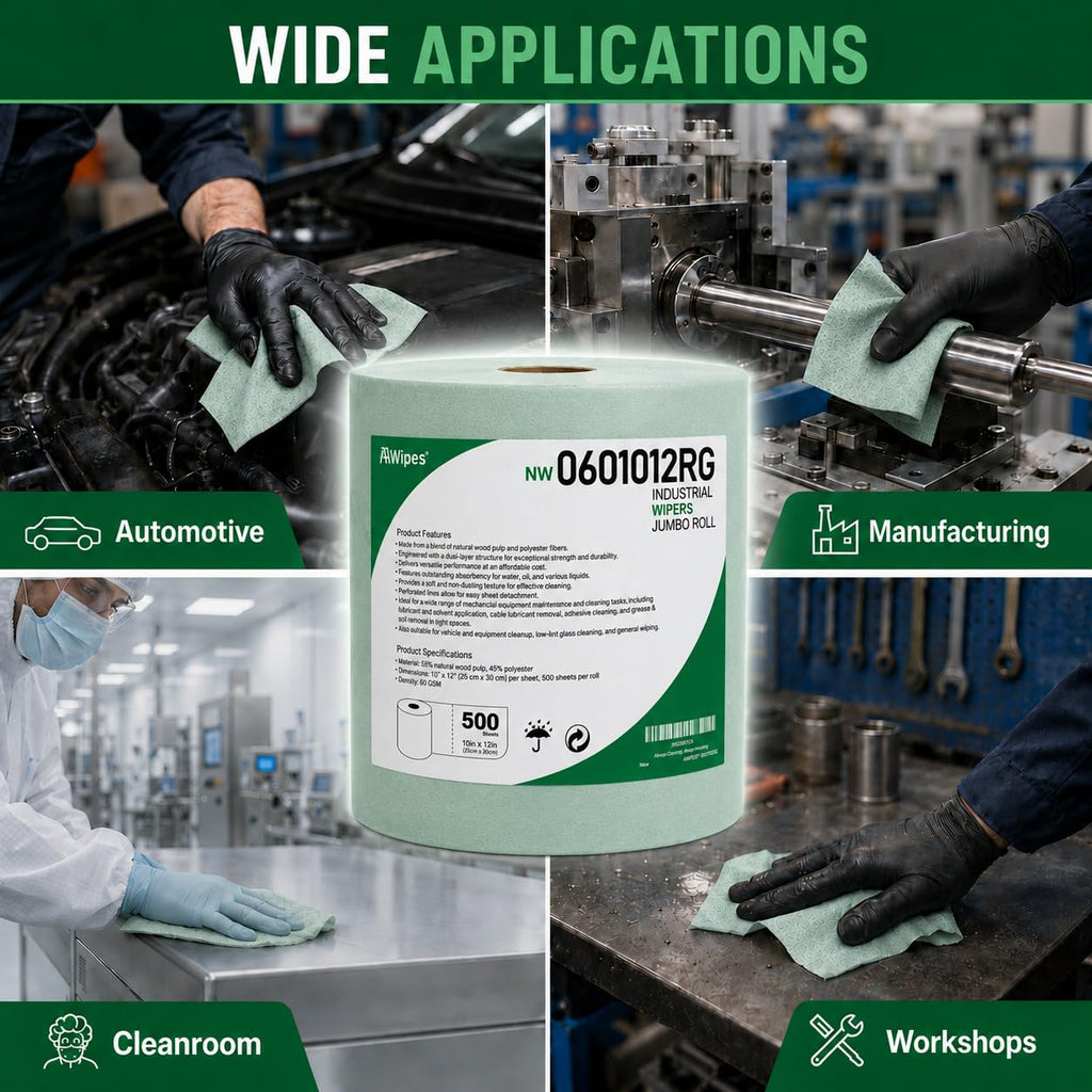 Cleanroom Wipes Roll, 10x12" 500 Sheets Green, Cellulose Polyester