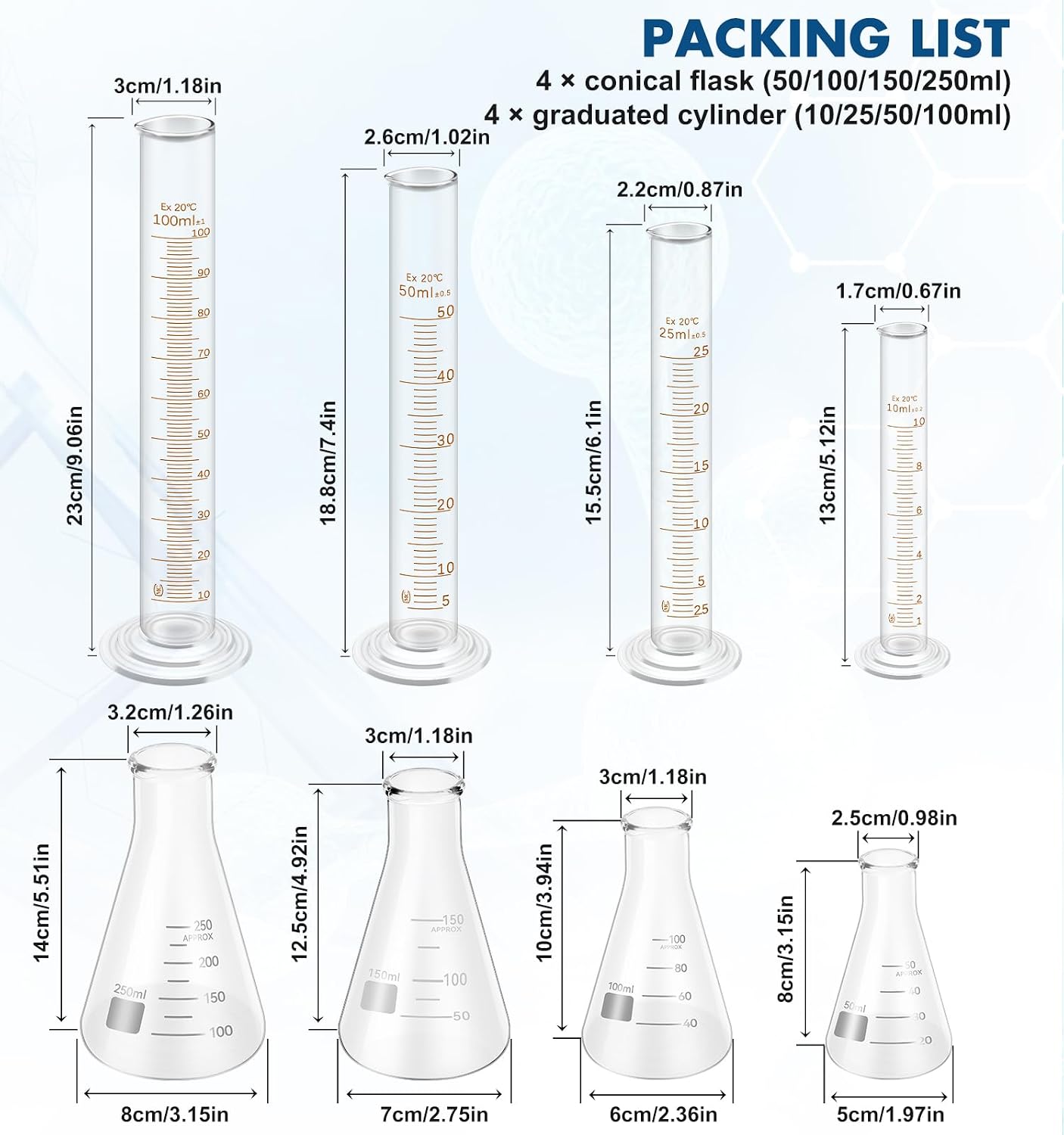 Glass Beaker Set, 19-Piece Labware Kit | Glass Beaker 50/100/250/500mL, Flask 50/100/150/250mL, Cylinder
