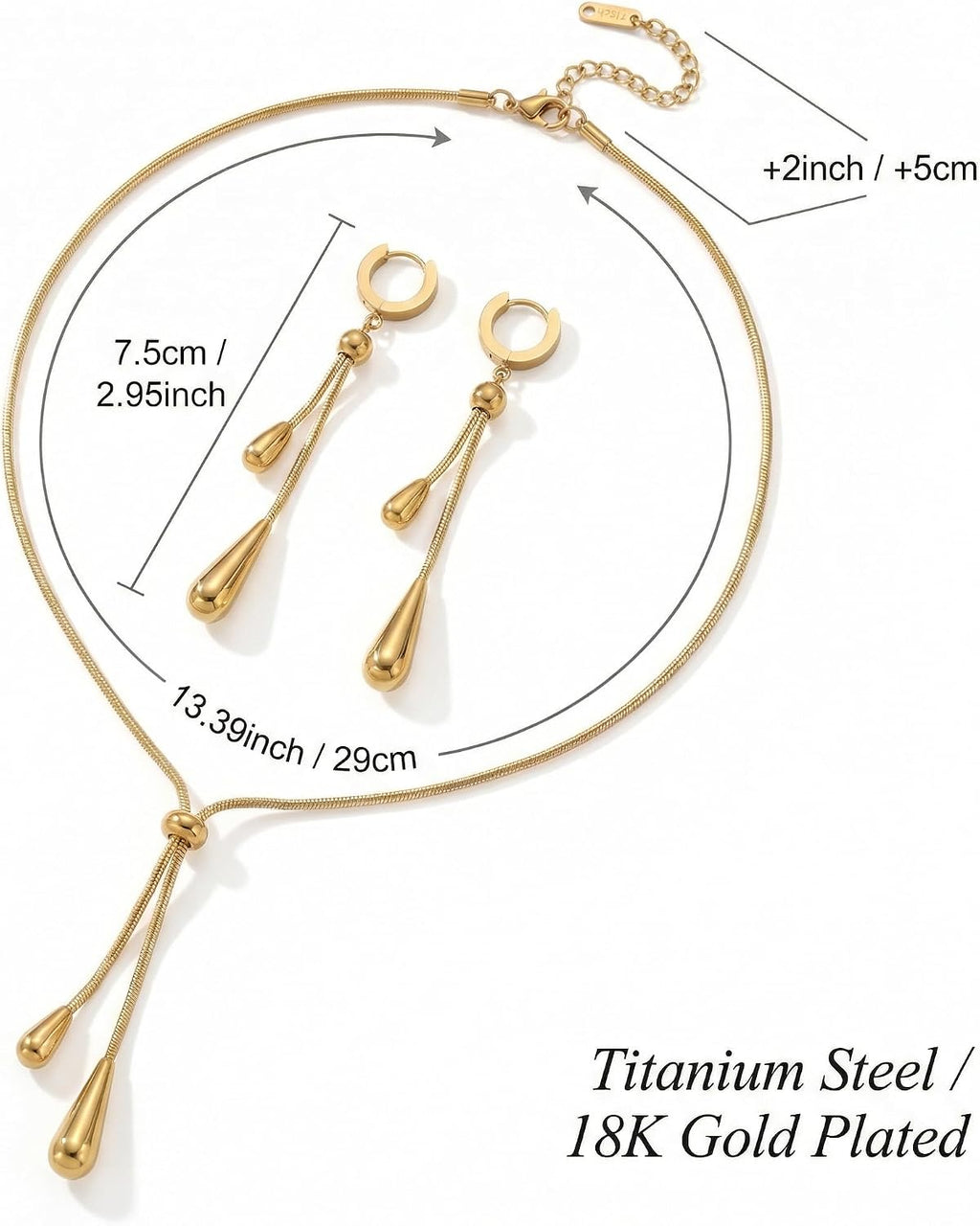 Gold Plated Teardrop Jewelry Set for Women - Hypoallergenic Adjustable Lariat Necklace & Earrings - Minimalist