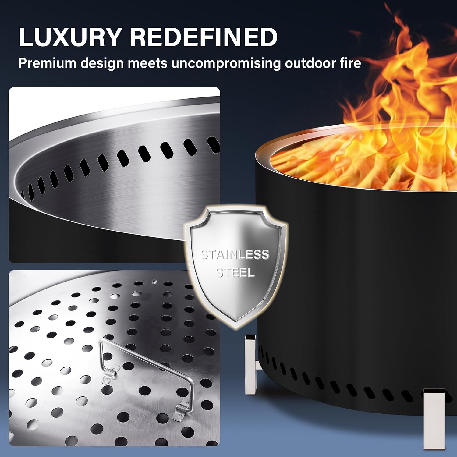 28" Smokeless Firepit with Stand & Grill Rack, Large Stainless Steel Wood Burning Fire Pit for Gatherings, Secondary