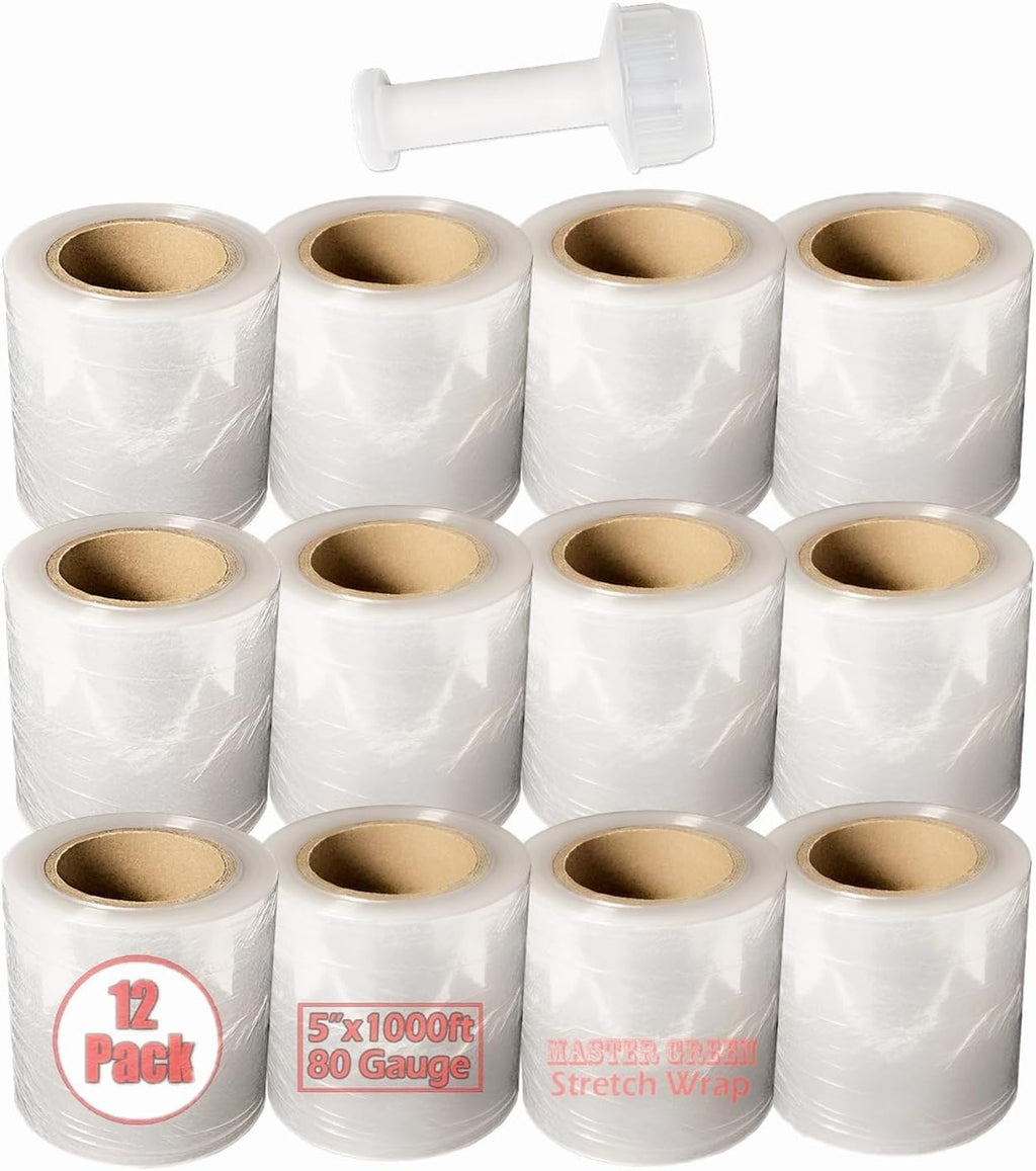 5" x 1000ft 80 Gauge 12 Rolls Shrink Wrap Film with 1 Handle