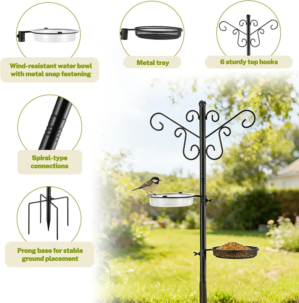 Bird Feeding Station,Heavy Duty Bird Feeder Pole with Upgraded Thickened Pole & 5-Prong Base,Hanging Hooks,Mesh