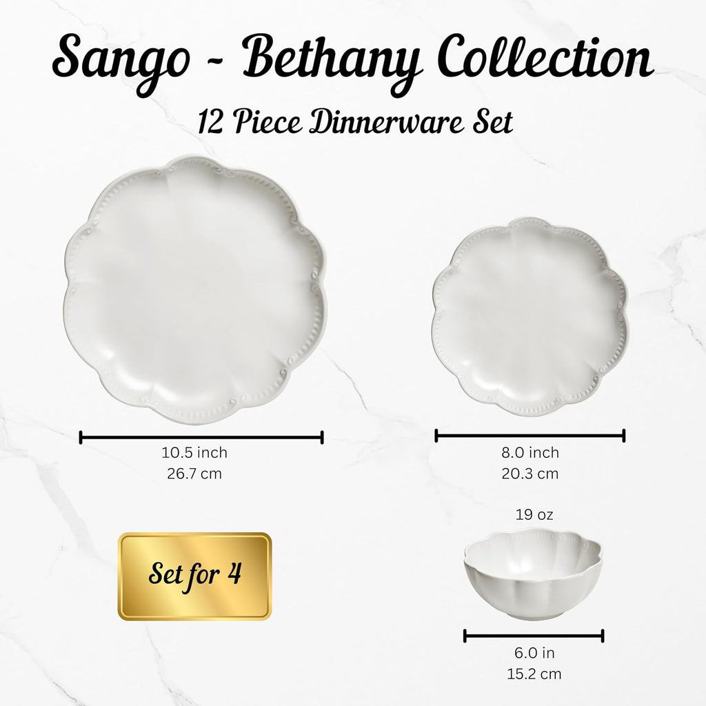 Bethany 12 Pieces Scalloped White Plates & Bowls Set