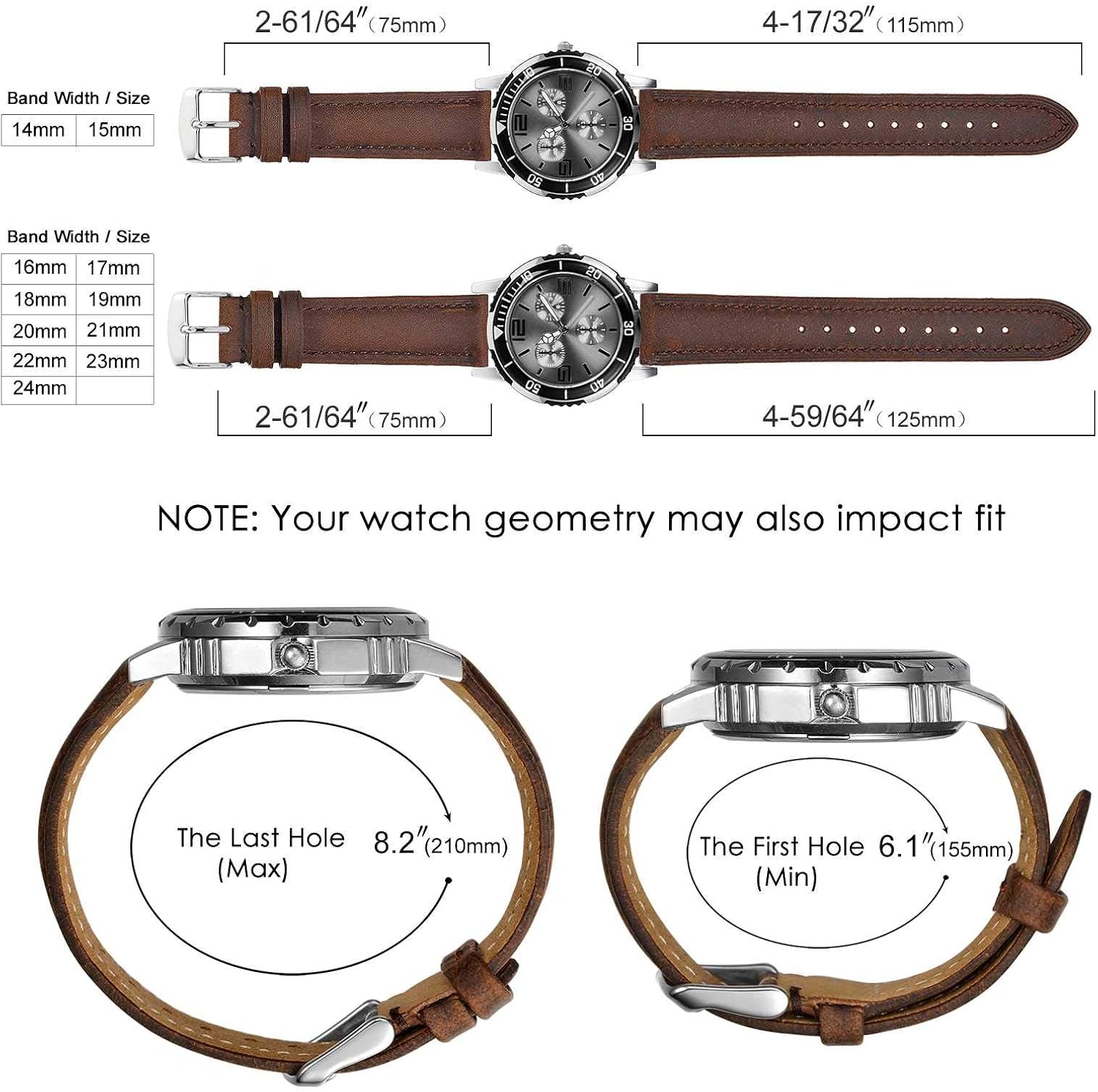 Watch Strap, Vintage Leather Replacement Bracelet, Band Width-14mm 15mm 16mm 17mm 18mm 19mm 20mm 21mm 22mm 23mm 24mm