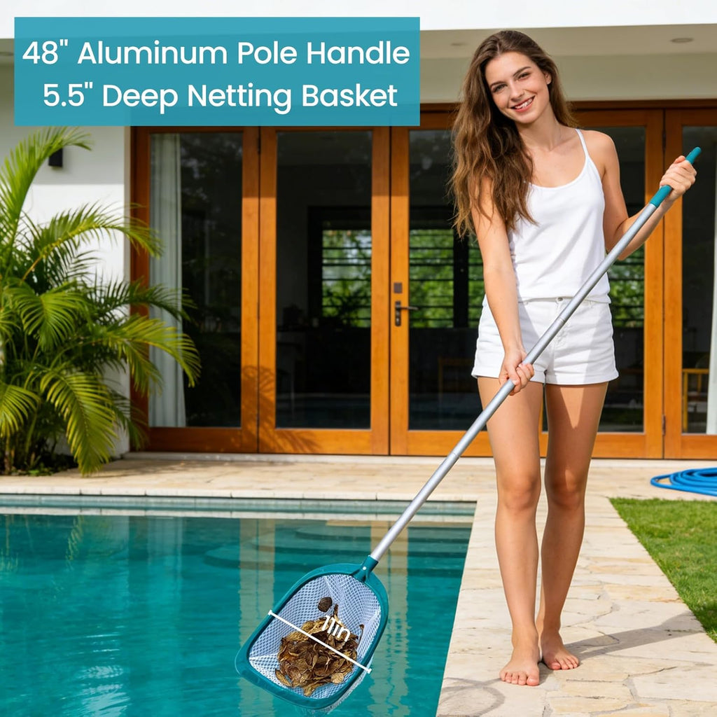 Pool Skimmer Net with Adjustable 48" Aluminum Pole, Fine Mesh Medium-Depth Net for Above Ground Pools, Ponds, Hot
