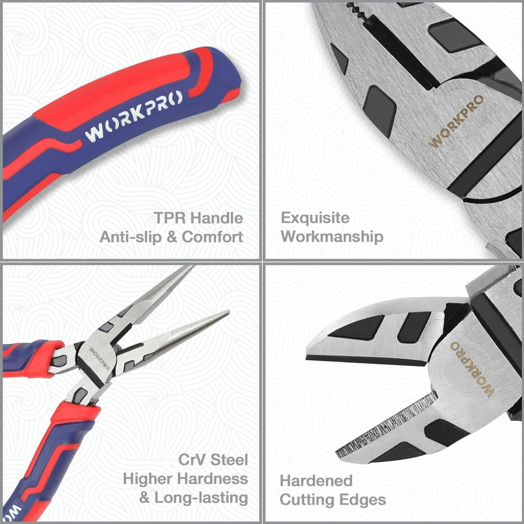 Pliers Set, Premium Cr-V Construction, Includes 6 Inch Slip Joint, Long Nose, Diagonal Cutting, 8 Inch Groove Joint