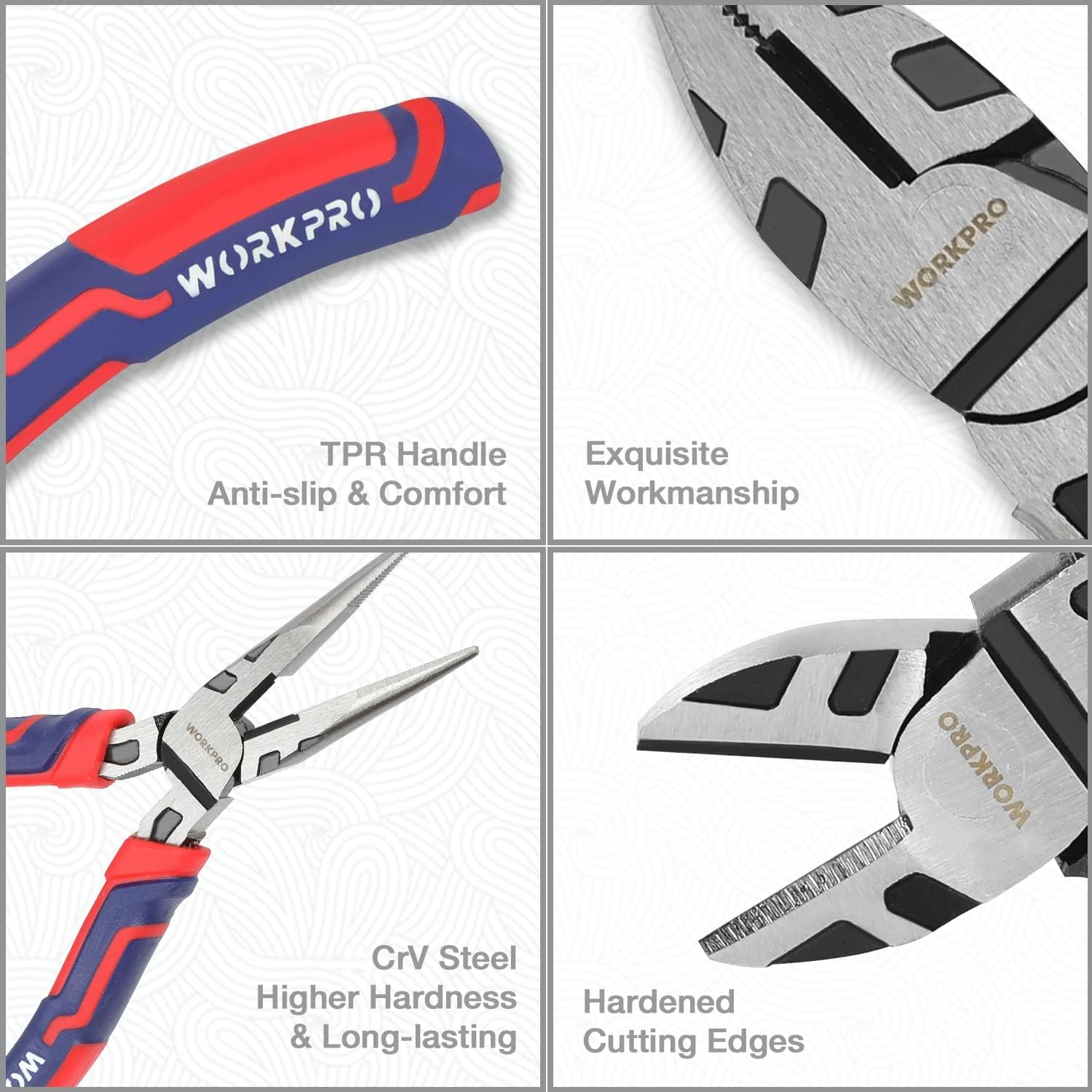 Pliers Set, Premium Cr-V Construction, Includes 6 Inch Slip Joint, Long Nose, Diagonal Cutting, 8 Inch Groove Joint