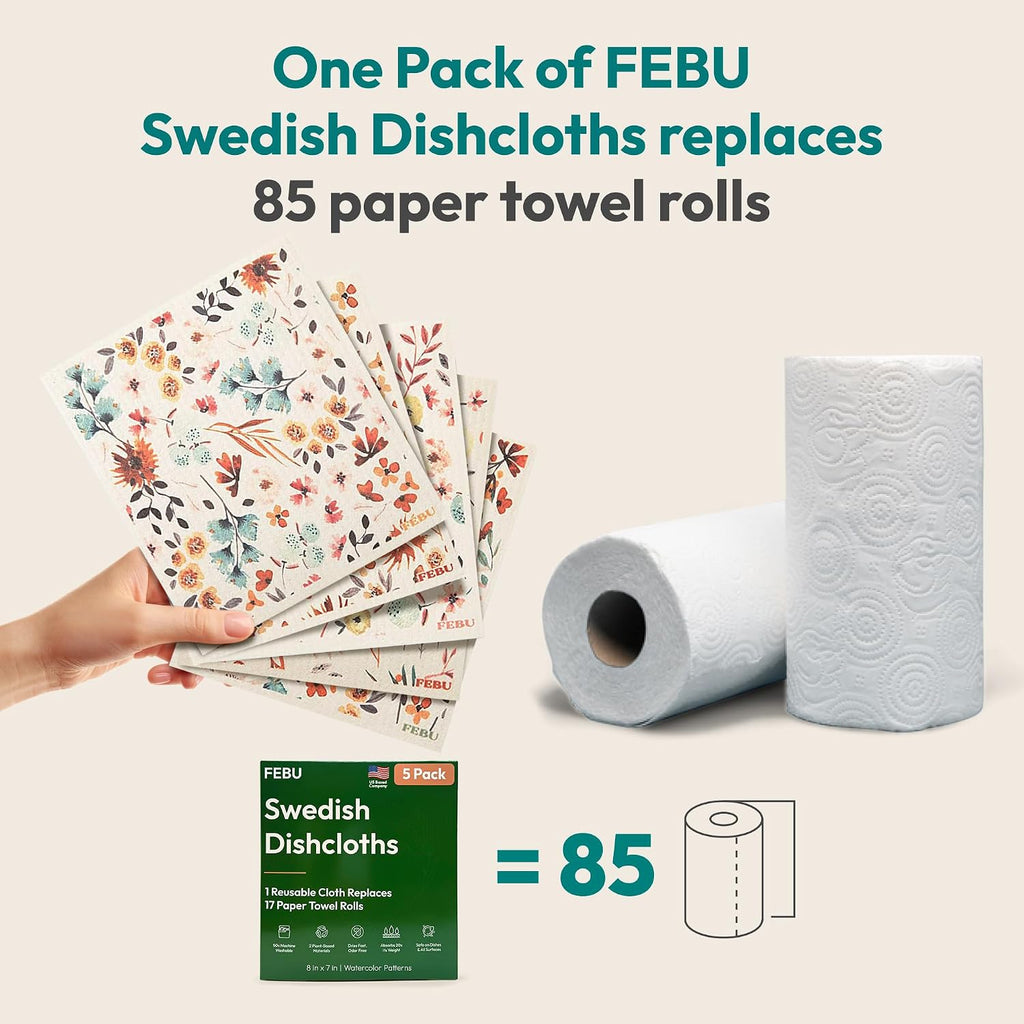 Swedish Dishcloths for Kitchen, 5 Pack, Watercolor Floral