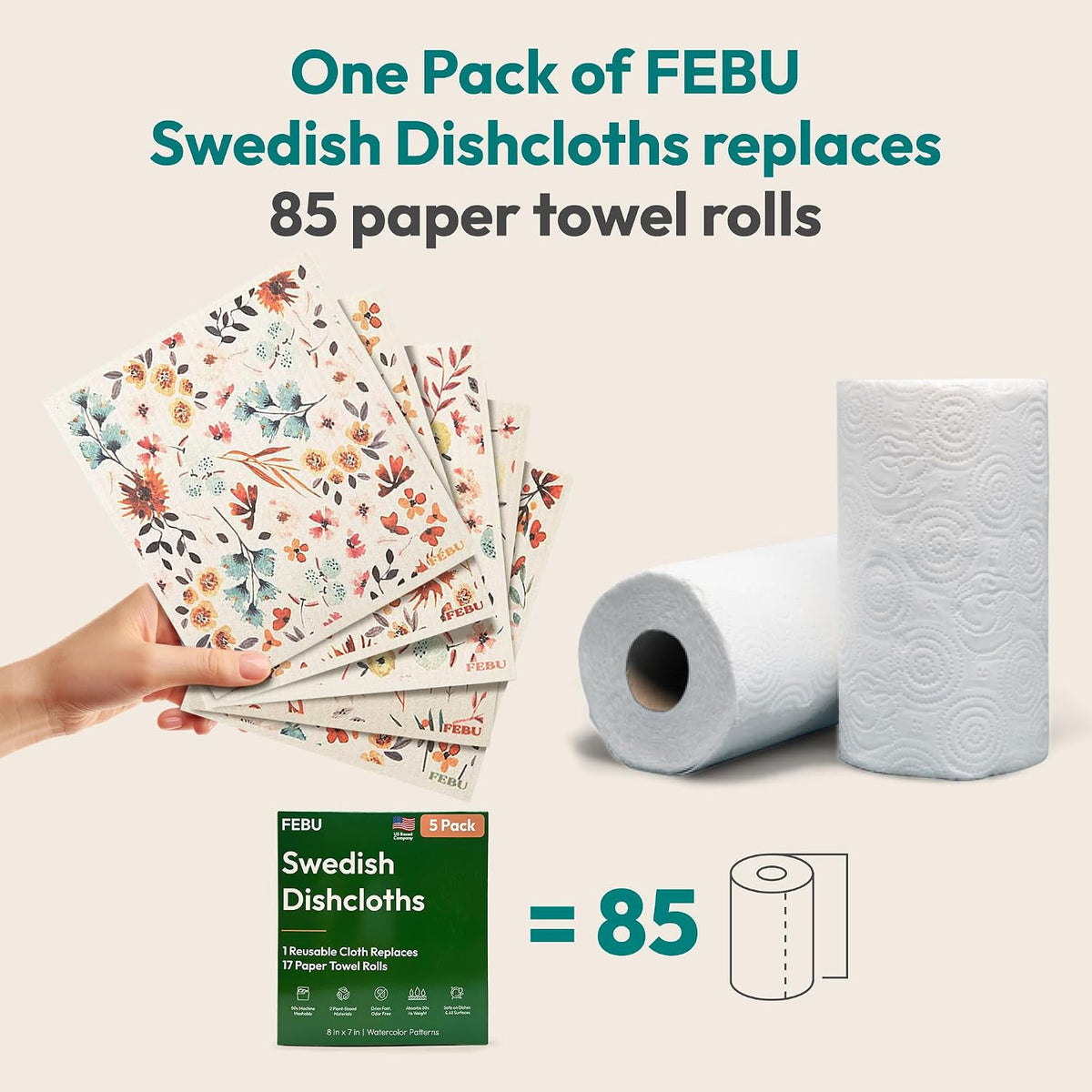Swedish Dishcloths for Kitchen, 5 Pack, Watercolor Floral