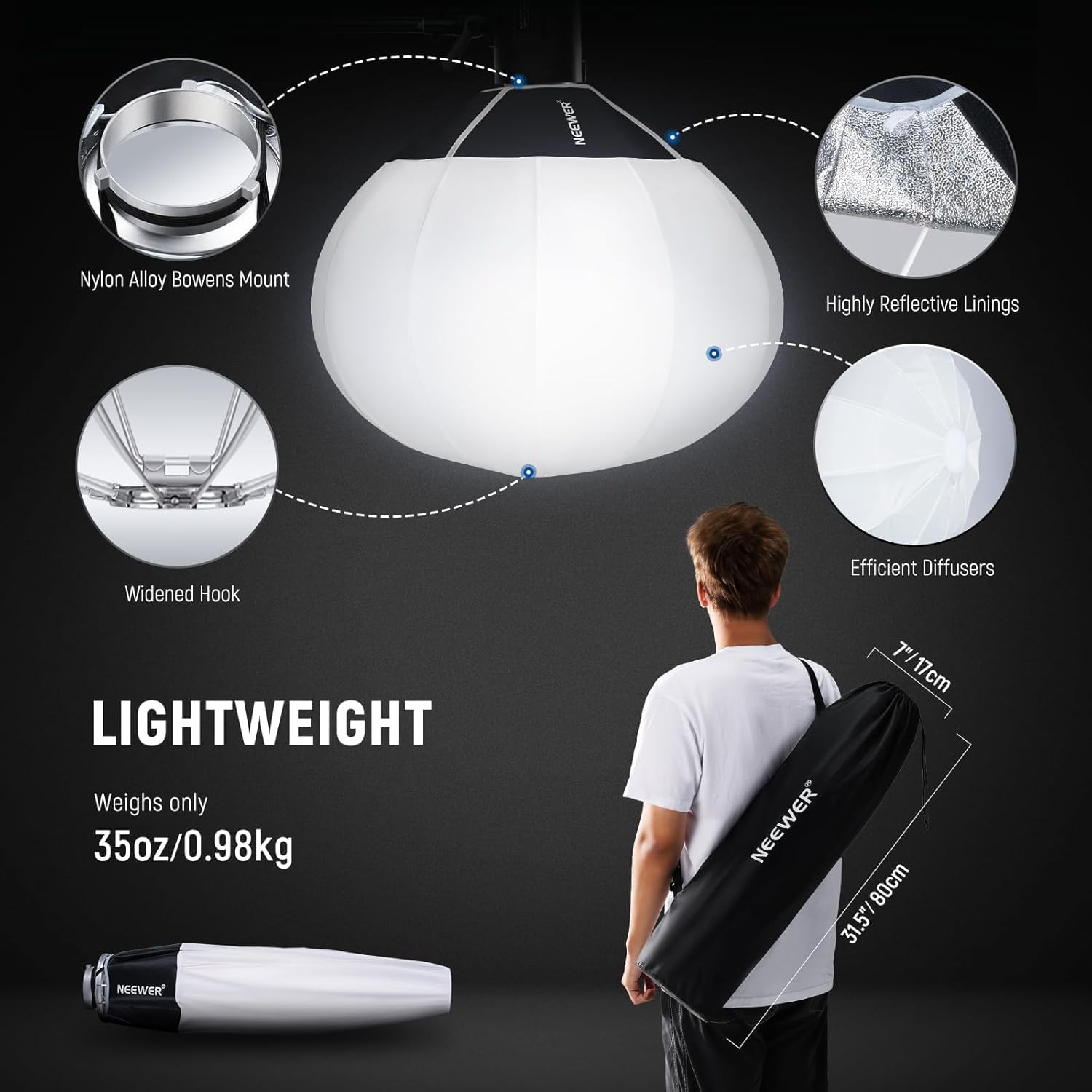 Basics Lantern Softbox, 26" Quick Release 360° Light Diffuser Bowens Mount Nylon Alloy Soft Box for Continuous