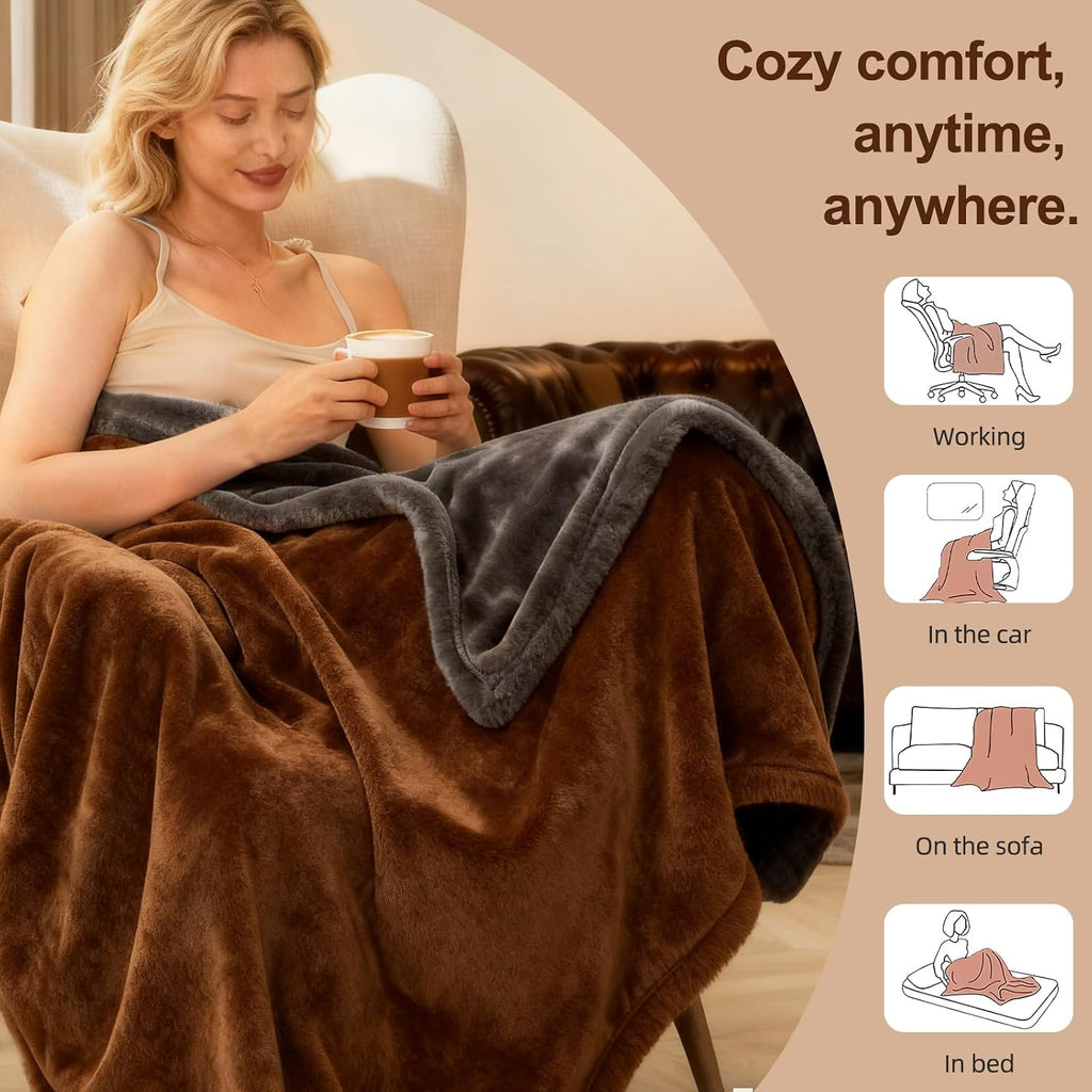Electric Heated Blanket Throw 50''x60'' – Soft Dual-Sided Flannel, 12 Heat Settings, Smart Timer, ETL & FCC