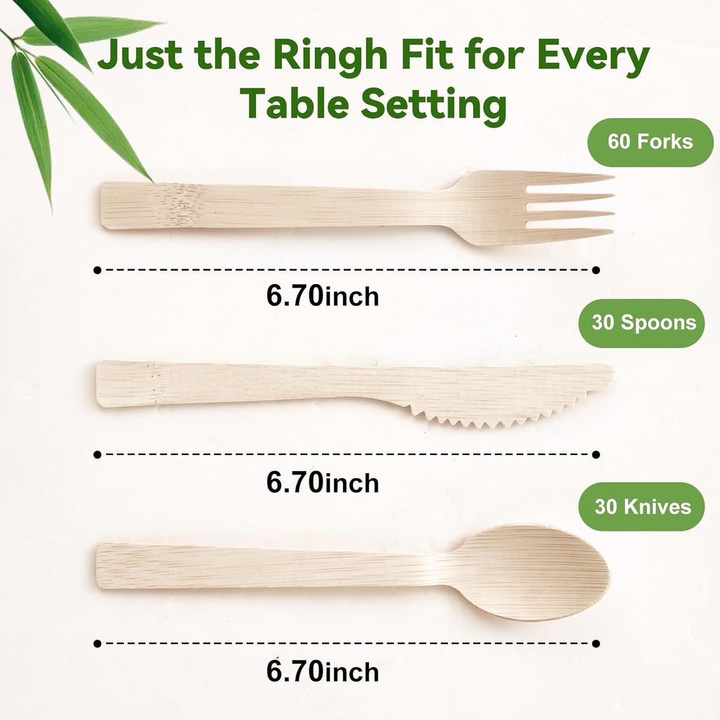 100% Bamboo Cutlery 120 Pack Set Disposable Compostable Utensils